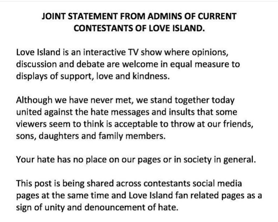 Families of Love Island contestants statement over online abuse